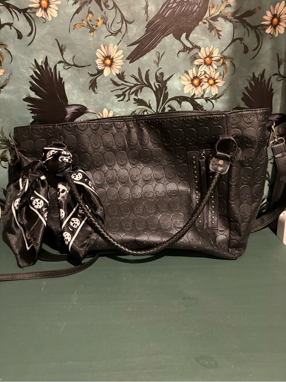 Black Leather Tote Handbag with Skull Scarf